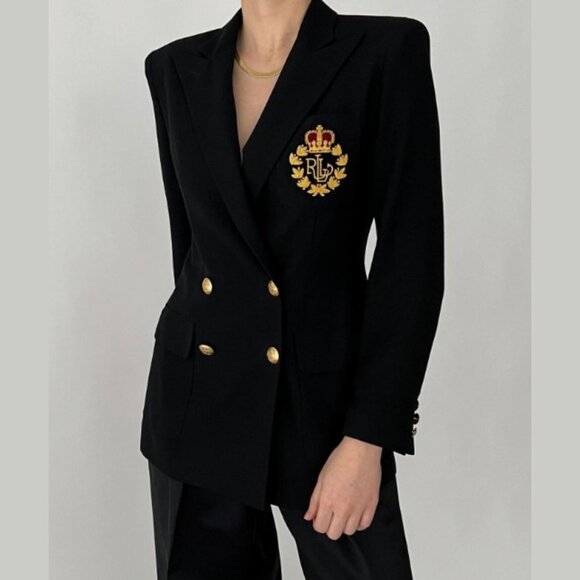 Lauren Ralph Lauren Vintage Noir Crest Black Blazer - SZ 10 - 100% Wool - Picture 1 of 11